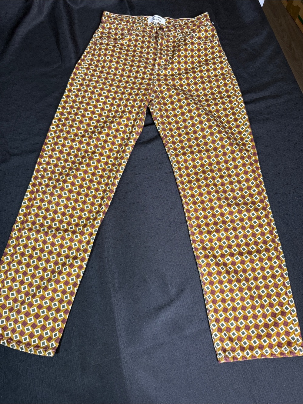 Reformation Straight Leg Geometric Print Jeans in Brown & Yellow Size 27 Preppy